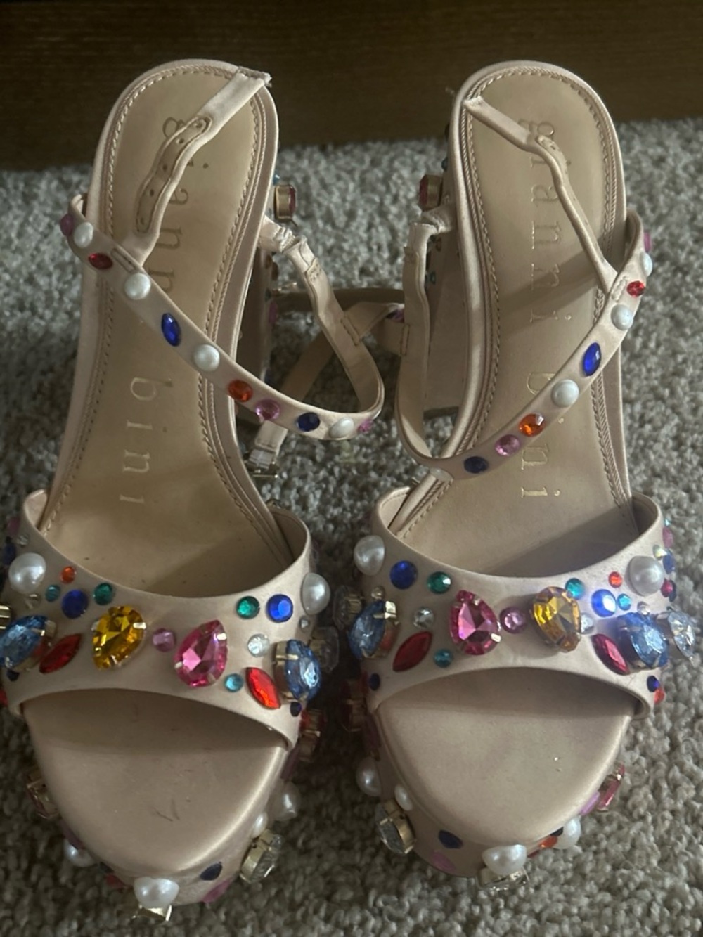 Gianni Bini Nude Pearl & Multicolored Gem Heeled Sandals